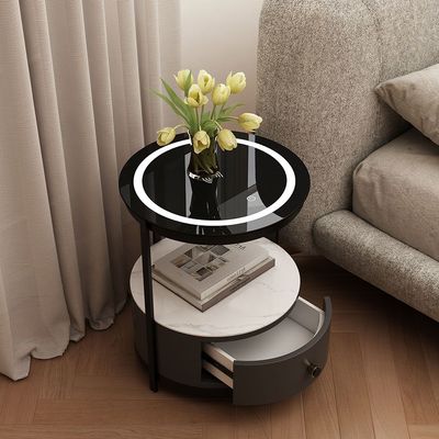 Ezmil 1 Drawer Round Night Stand W/ Wireless Charger And Led Light - Black / White