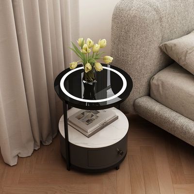 Ezmil 1 Drawer Round Night Stand W/ Wireless Charger And Led Light - Black / White