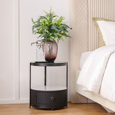 Ezmil 1 Drawer Round Night Stand W/ Wireless Charger And Led Light - Black / White