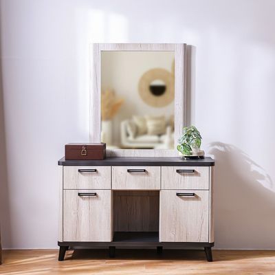 Kirwin Dressing Table with Mirror - Grey Oak/Black - With 2-Year Warranty