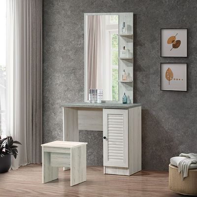 Zenith Tall Dresser with Mirror and Stool - White Oak/Cement - With 2-Year Warranty