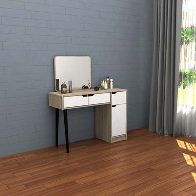 Kinder Vanity 1-Door & 3-Drawer Dresser with Mirror - White & Sonoma Oak - With 2-Year Warranty