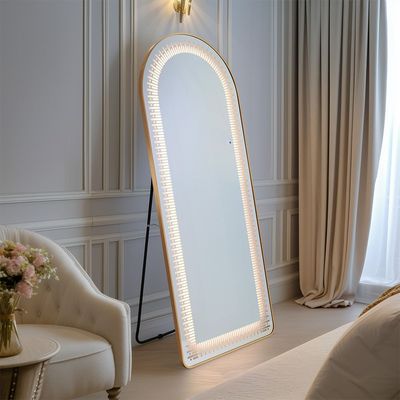 Halen Floor Mirror with Tri-Color LED Lights & Touch Screen Button - Gold - With 2-Year Warranty