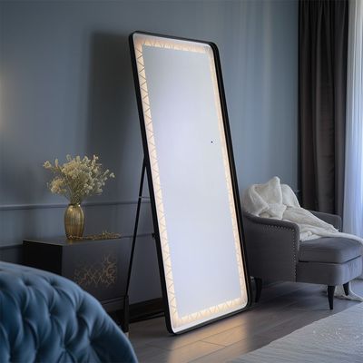 Halen Floor Mirror with Tri-Color LED Lights & Touch Screen Button - Black - With 2-Year Warranty