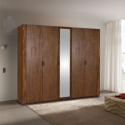 Zenia 5 Door Solidwood Wardrobe with Mirror - Dark Brown