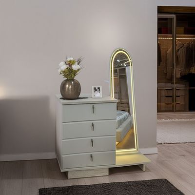 Vesta 4 Drawer Dresser With Tall Mirror Led And Stool - Beige