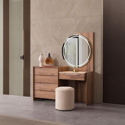 Letto 5 Drawer Dresser Mirror With Led And Stool -  Beige/Walnut