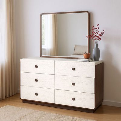 Oboro 6 drawer Dresser Mirror With Stool - Walnut/Beige