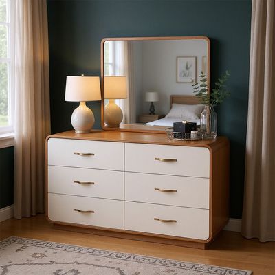 Nordomi 6 drawer Dresser with Mirror With Stool - Beige/Natural