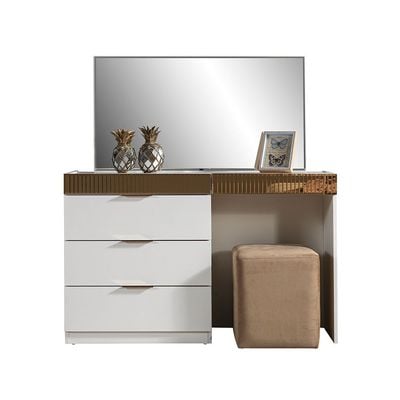 Hugo 180x200 King Bed Set + Dresser with Mirror and Pouf + 2 Nightstands- Beige/Golden - With 2-Year Warranty