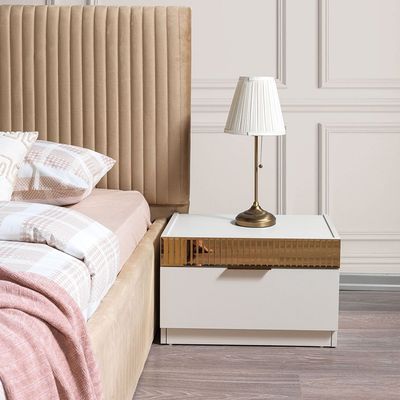 Hugo 180x200 King Bed Set + Dresser with Mirror and Pouf + 2 Nightstands- Beige/Golden - With 2-Year Warranty
