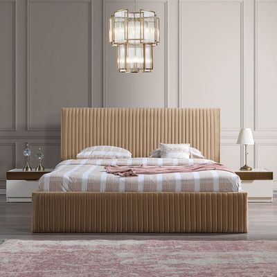 Hugo 180x200 King Bed Set + Dresser with Mirror and Pouf + 2 Nightstands- Beige/Golden - With 2-Year Warranty