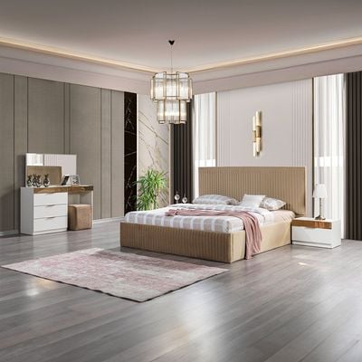 Hugo 180x200 King Bed Set + Dresser with Mirror and Pouf + 2 Nightstands- Beige/Golden - With 2-Year Warranty