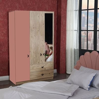 Bliss 3Door Wardrobe W/2Drawers & Mirror-Oak & Pink