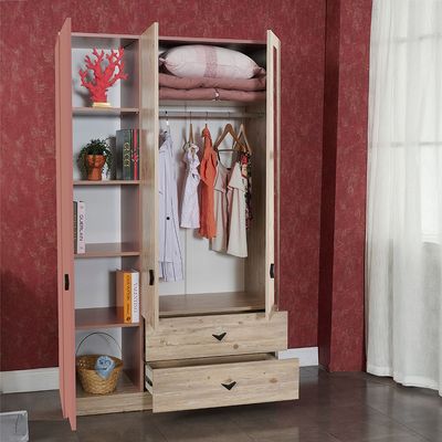 Bliss 3Door Wardrobe W/2Drawers & Mirror-Oak & Pink