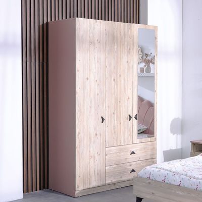 Bliss 3Door Wardrobe W/2Drawers & Mirror-Oak & Pink