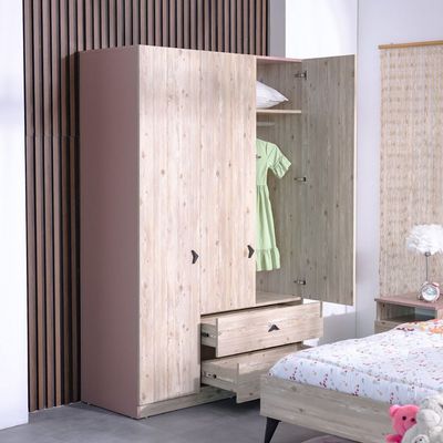 Bliss 3Door Wardrobe W/2Drawers & Mirror-Oak & Pink