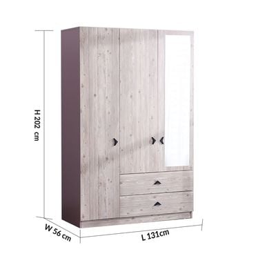 Bliss 3Door Wardrobe W/2Drawers & Mirror-Oak & Pink