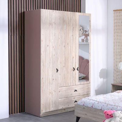 Bliss 3Door Wardrobe W/2Drawers & Mirror-Oak & Pink