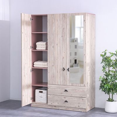 Bliss 3-Door Wardrobe with 2 Drawers & Mirror - Oak & Pink - With 5-Year Warranty