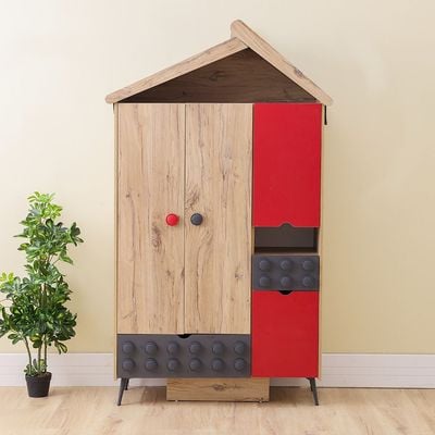 Bricks 3-Door Wardrobe with 2 Drawers - Oak/Red/Grey - With 5-Year Warranty