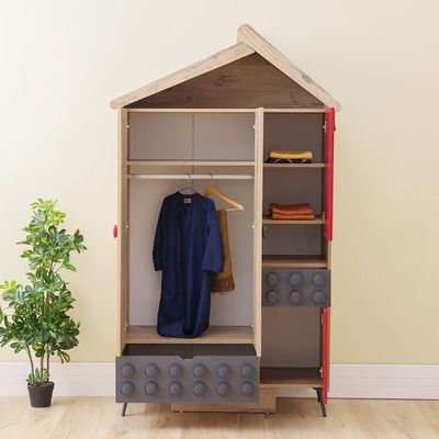 Bricks 3-Door Wardrobe with 2 Drawers - Oak/Red/Grey - With 5-Year Warranty