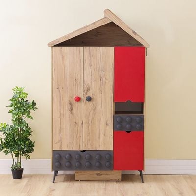 Bricks 3-Door Wardrobe with 2 Drawers - Oak/Red/Grey - With 5-Year Warranty