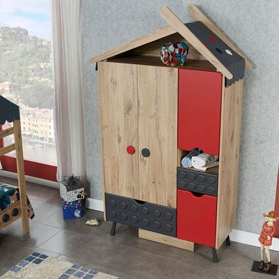 Bricks 3Door Wardrobe W/2Drawers-Oak & Red/Grey