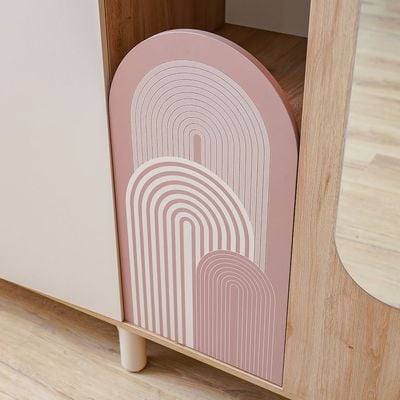 Zeta 4Door Wardrobe With 1 Mirror & Open Shelves-Offwhite & Pink