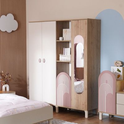 Zeta 4Door Wardrobe With 1 Mirror & Open Shelves-Offwhite & Pink Zeta 4Door Wardrobe With 1 Mirror & Open Shelves-Offwhite & Pink