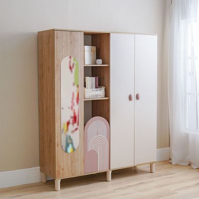 Zeta 4Door Wardrobe W/1 Mirror & Open Shelves-Offwhite & Pink