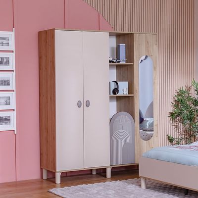 Zeta 4Door Wardrobe With 1 Mirror & Open Shelves-Offwhite & Grey Zeta 4Door Wardrobe With 1 Mirror & Open Shelves-Offwhite & Grey