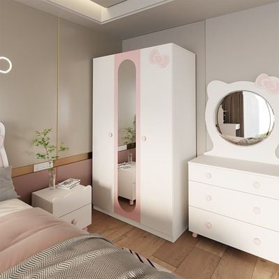 Kitty 3Door Wardrobe W/1 Mirror-White+Pink