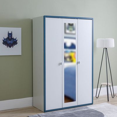 Knight 3Door Wardrobe With 1 Mirror-White+Teal Blue