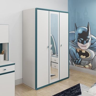 Knight 3Door Wardrobe W/1 Mirror-White+Teal Blue