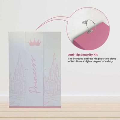 Disney Princess 3Door Kids Wardrobe-White & Pink Disney Princess 3Door Kids Wardrobe-White & Pink