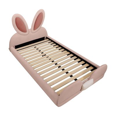 Peter Rabbit 120x200 Velvet Upholstered Kids Bed-Pink & White