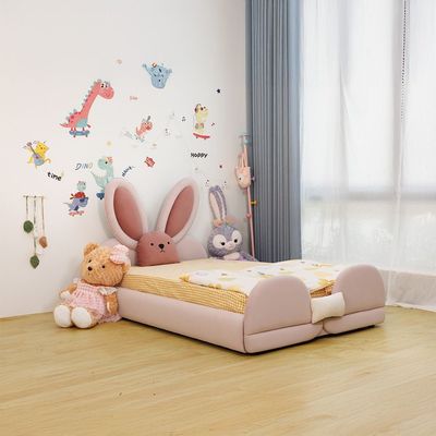 Peter Rabbit 120x200 Velvet Upholstered Kids Bed-Pink & White
