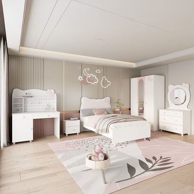 Kitty 120x200 Bedroom Set With Upholstered Headboard-White+Pink Kitty 120x200 Bedroom Set With Upholstered Headboard-White+Pink