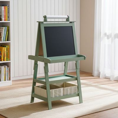 Little Bear Easel White+Black Board With 2 Fabric Storage Organiser/ Writing Paper Roll & Cup Holder-Green