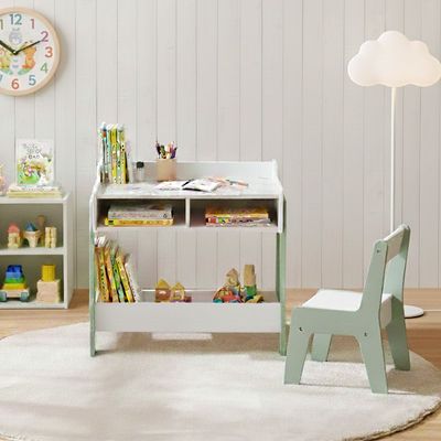 Little Bear Kids Table With Storage and 1 Chair Set-Green & White