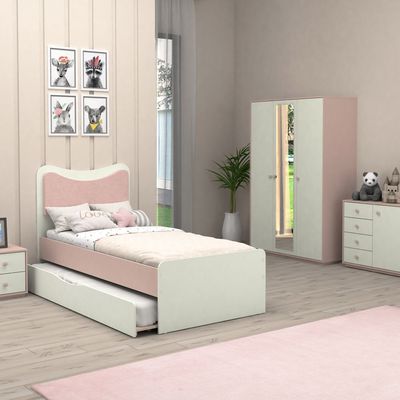 Candy 90x200 Kids Bed With Upholstered Headboard & 90x200 Trundle Bed-Blush Pink+Cream