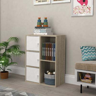 Kinder 3Door Book Case With Open Shelves-White & Sonoma Oak