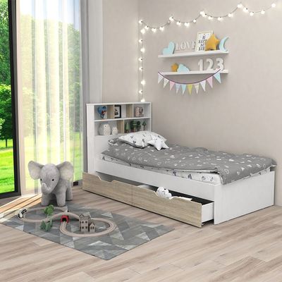 Kinder 90x200 Kids Bed With Storage Headboard & 2Side Drawers-White & Sonoma Oak