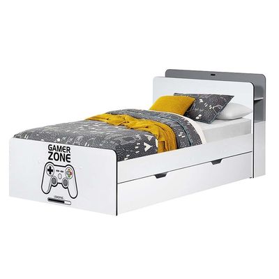 Gamerzone 120X200 Headboard Storage Bed with Usb-White & Grey (Trundle Bed Sold Separately)