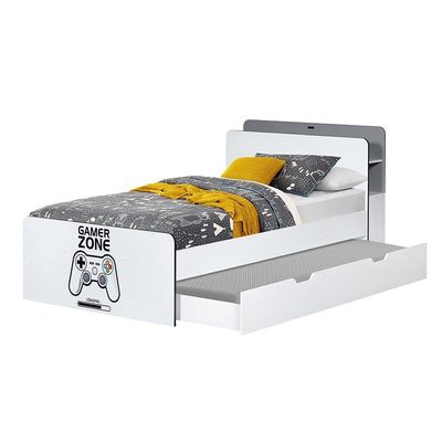 Gamerzone 120X200 Headboard Storage Bed with Usb-White & Grey (Trundle Bed Sold Separately)