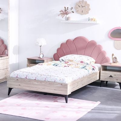 Bliss 120x200 Upholstered Bed with USB - Oak & Pink - With 5-Year Warranty