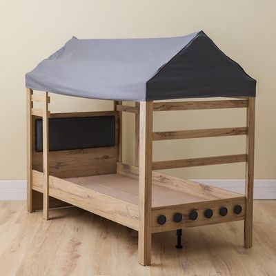 Bricks 90x200 House  Bed W/Stairs +USB & Fabric Roof-Oak & Red/Grey