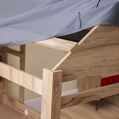 Bricks 90x200 House  Bed W/Stairs +USB & Fabric Roof-Oak & Red/Grey