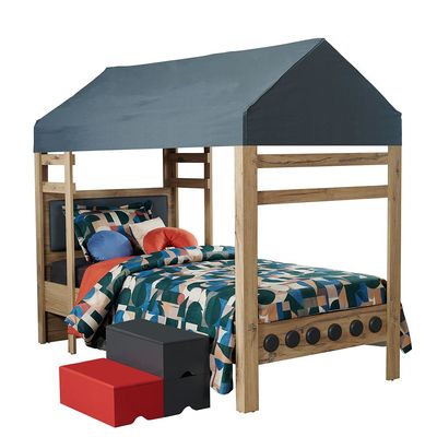 Bricks 90x200 House  Bed W/Stairs +USB & Fabric Roof-Oak & Red/Grey